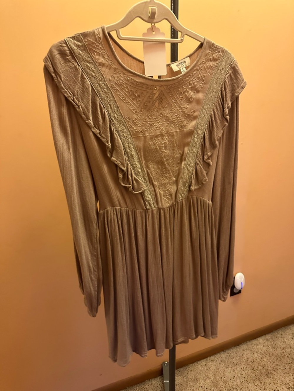 Umgee Embroidered Ruffle Tunic Dress - Taupe